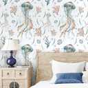 2 x HeloHo Peel and Stick Wallpaper Light Blue Wall Paper Ocean Jellyfish Seaweed Self Adhesive Removable Waterproof Contact Paper for Bathroom Living Room Decor Kids Room Wallpaper 16.1" X 118"