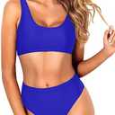 Tempt Me Women Two Piece Scoop Neck Bikini Crop Top Swimsuit Sporty High Waisted Bathing Suit, XL, Blue