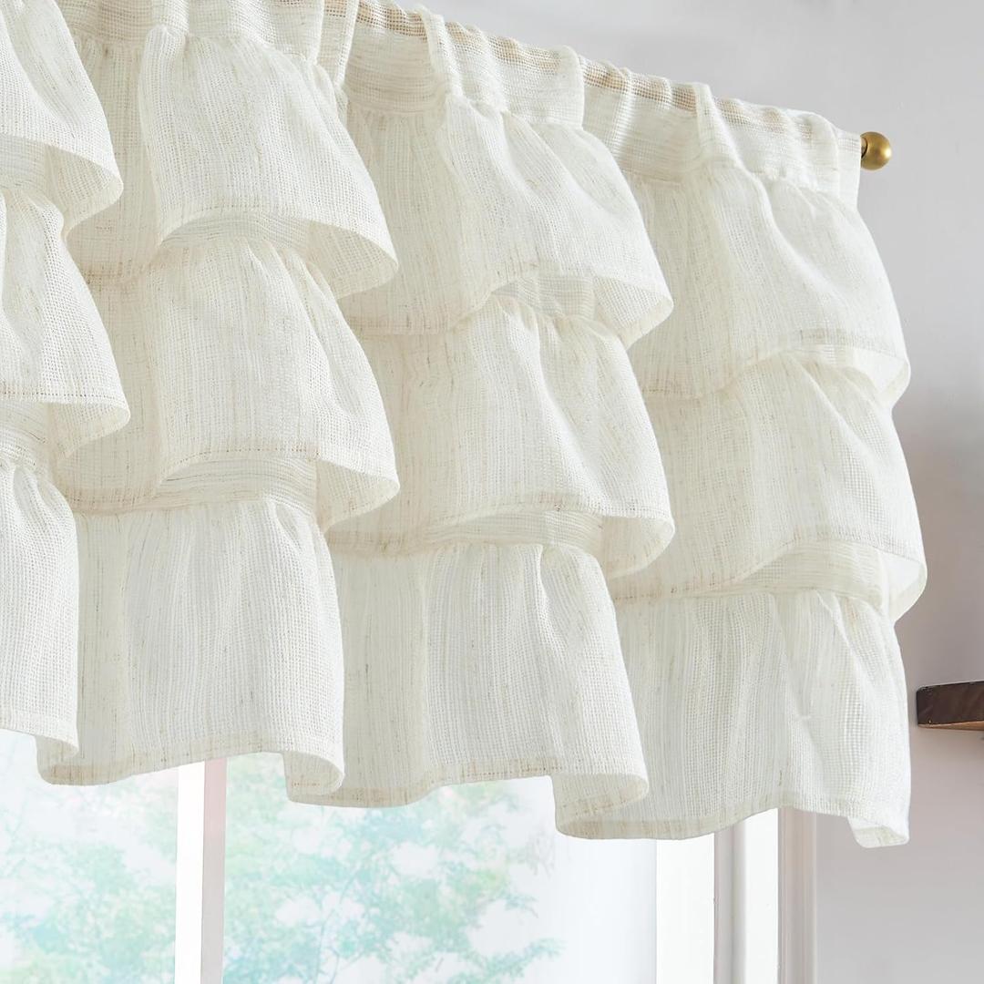 jinchan Ruffled Valance Curtain Slubbed Crossed Hatch Kitchen Valance Cottagecore for Living Room 18 Inch Farmhouse Voile Sheer Shabbychic Half Window Treatment Rod Pocket 1 Panel Off White
