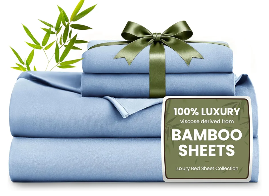 Love's cabin 4 Piece Queen Sheet Set, Cooling Sheets, 100% Rayon Derived from Bamboo, Breathable & Soft Queen Size Bed Set, Deep Pocket Up to 16", Hotel Luxury Silky Bedding Sheets, Mineral Blue