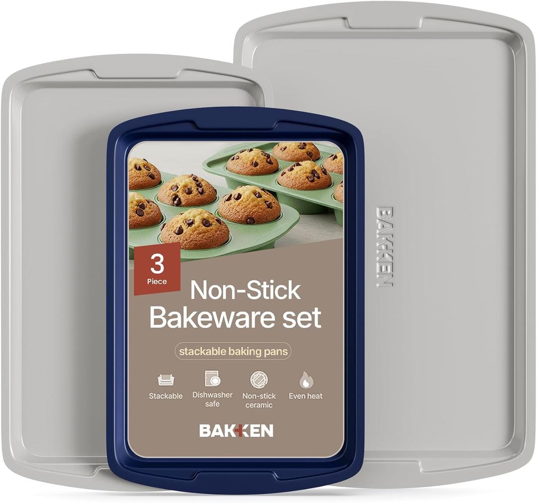 Bakken Swiss Cookie Sheet 3 Piece Set - Non-Stick, Stackable Baking Pans, Deluxe Ceramic Coating  Dishwasher Safe - for Home Baking (Royal Blue)