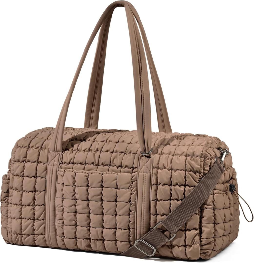 Quilted Travel Duffle Bag for Women Medium Weekender Bag Puffer Overnight Bag Large Soft Puffy Duffel Bag Carry-On Gym Bag Lightweight Personal Item Travel Bag for Trips Business Sport Airplane (Khaki)