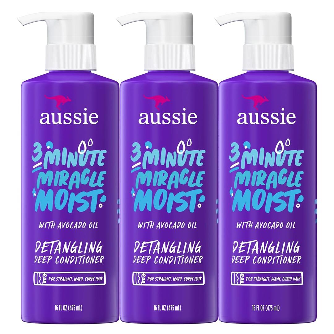 Aussie 3 Minute Miracle Moist Deep Conditioner for Dry Hair, Avocado & Jojoba Oil, Safe for Color Treated Hair, Nourishing Hydration, Silky Shine, Paraben-Free, 16 Fl Oz Each, 2 Pack