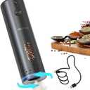 CIRCLE JOY Electric Pepper Grinder Rechargeable, Automatic Pepper Mill with 110ml Container, External Adjustable Coarseness, White Led Light and One-Handed Operation, Black
