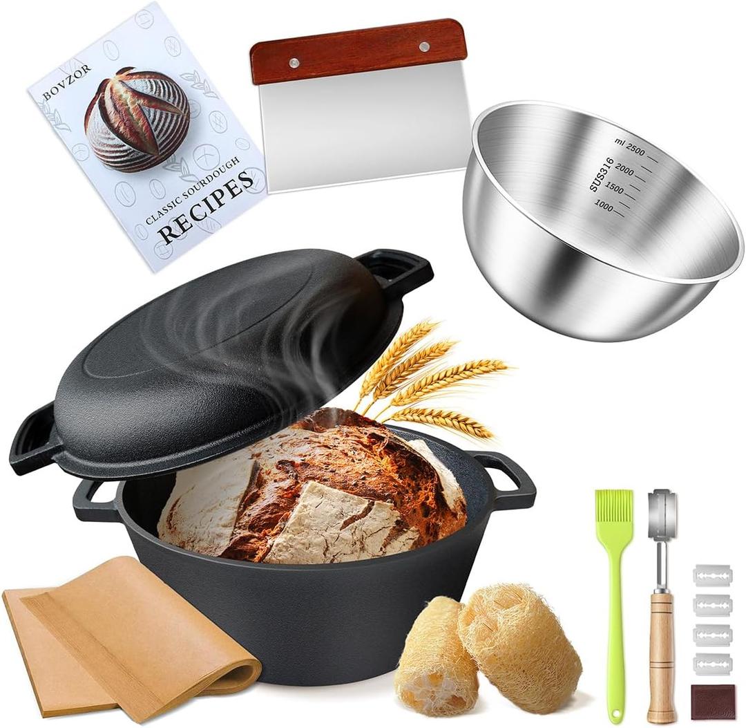 5-Quart Bread Oven,Cast Iron Dough oven Pot For Bread Baking,Roast,Simmer,Braise & Pan Fry,Baking Supplies With Stainless Steel Mixing Bowl,Parchment Etc
