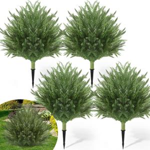CroBlissful 4 Pack Artificial Cedar Ball Shrubs for Spring Porch Decor, 24 Outdoor Faux Evergreen Plants with Ground Spike, UV Resistant Front Door Entryway Garden Greenery