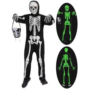 qqpouc Halloween skeleton costume kids,glow in the dark skeleton costume on both sides Skuller candy bag for boys and grils Small
