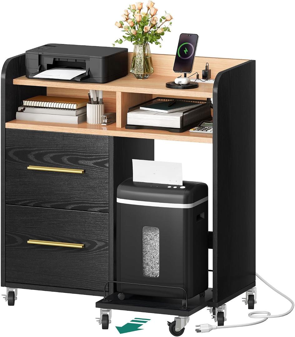 YITAHOME File Cabinet with Charging Station, Printer Table Cabinet for Home Office, Printer Stand Cart, Fits A4, Letter, Legal Size Files, Office Furniture, Black, 35 inches x 35.6 inches x 15.7 inches