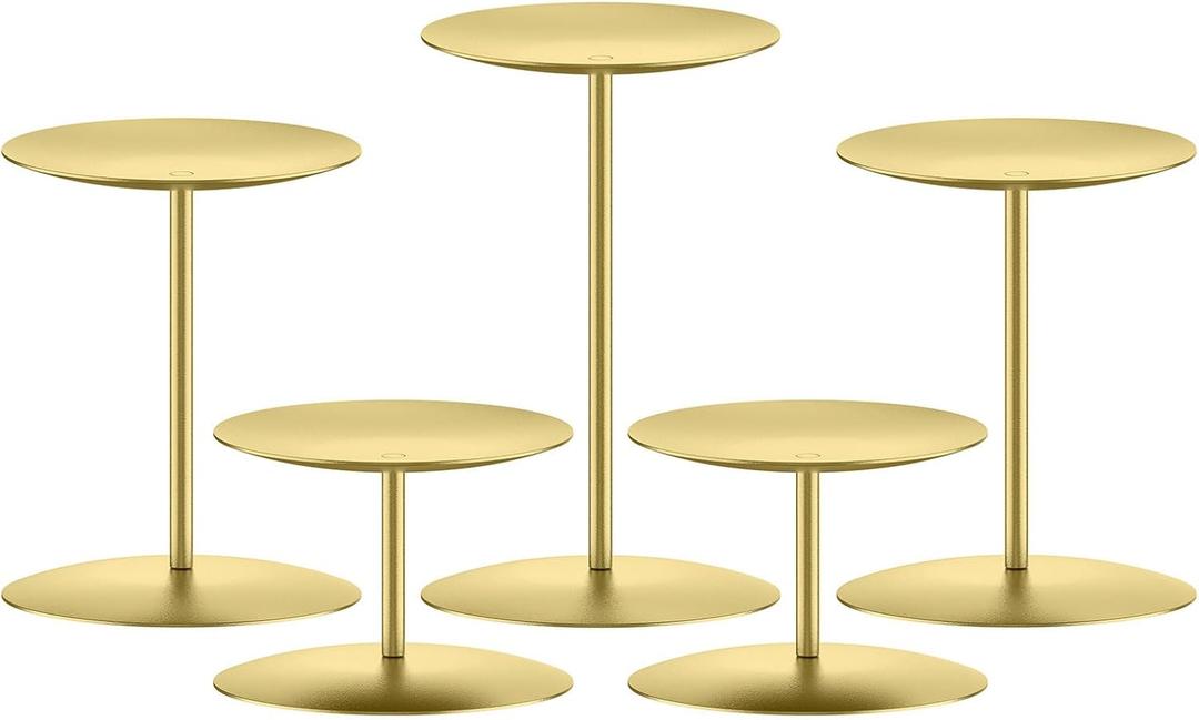 smtyle Gold Iron Metal Candle Holders for Pillar Candles Set of 5 Discs Mantel Centerpiece for Table Setting Dinner Party Wedding Event