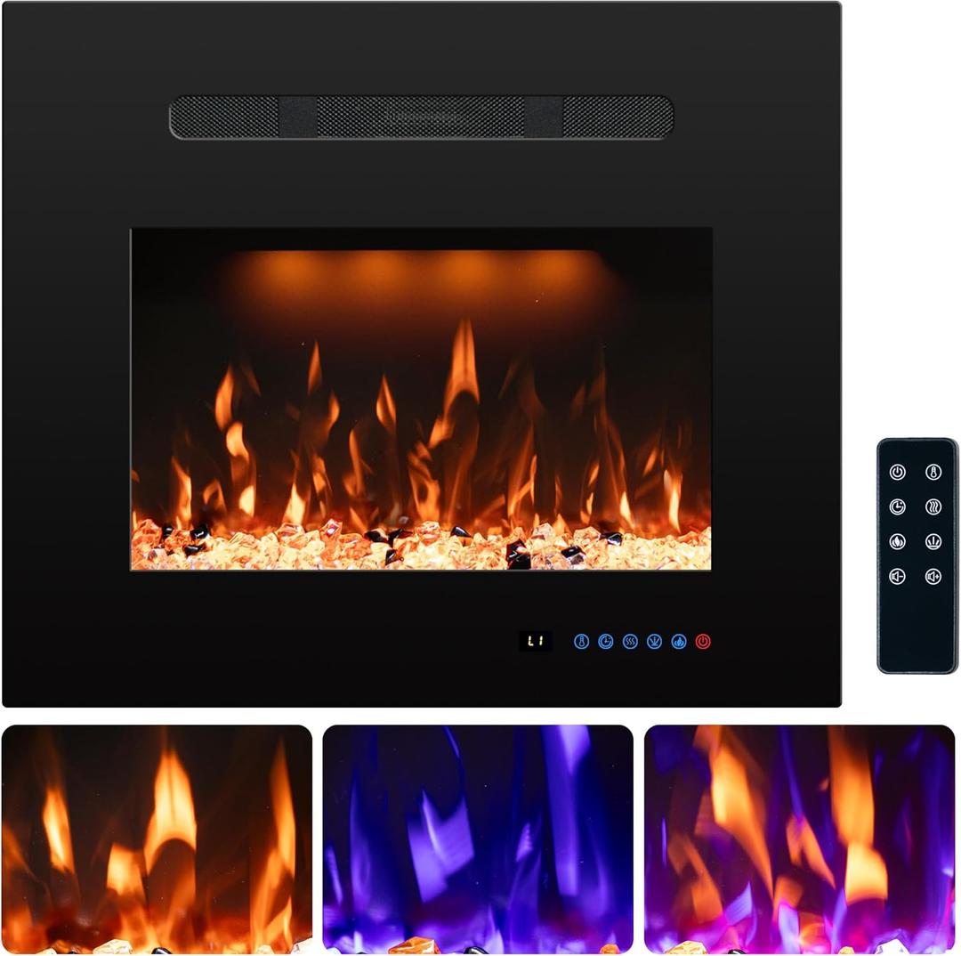 21.14" W Rear Electric Fireplace Inserts with 3 Flame & Top Light, Recessed Fireplace Heater,Thermostat, 750/1500W, Crackling Sound, Logs & Crystals, Timer, No Wall Mount