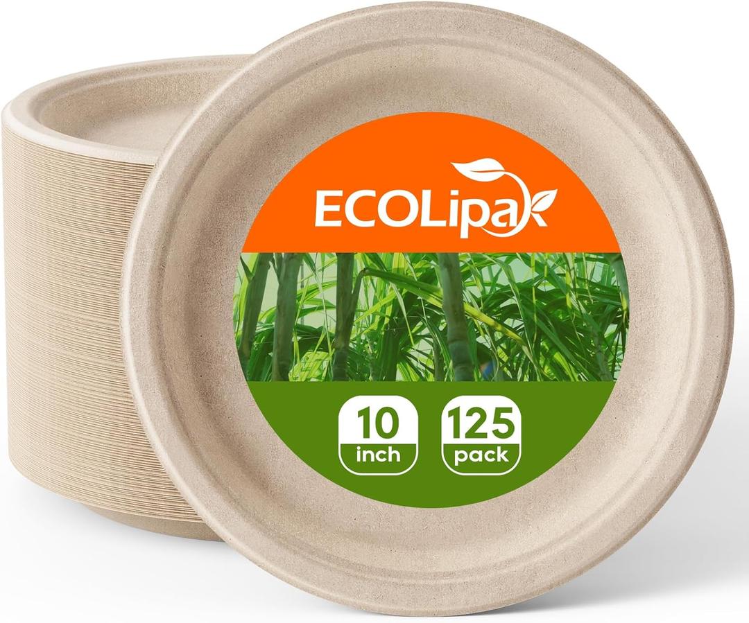 ECOLipak 100% Compostable 10 Inch Paper Plates, 125 Pack Heavy Duty Disposable Biodegradable Eco-friendly Sugarcane Bagasse Plates for Dinner Party (Nature)