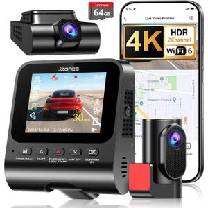 4K Dash Cam Front and Rear, HDR Night Vision Dash Camera for Cars 64GB Card 5.8GHz WiFi6 up to 20MB/s APP Control Dash Cams Built-in GPS, G-Sensor, Loop Recording, 170Wide Angle, 24H Parking Mode