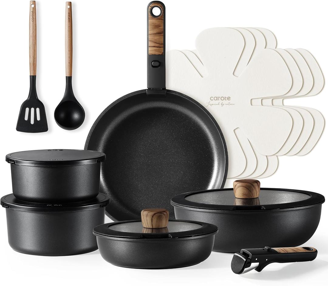 CAROTE 17pcs Pots and Pans Set, Nonstick Cookware Set Detachable Handle, Induction Kitchen Cookware Sets Non Stick with Removable Handle, RV Cookware Set, Oven Safe, Jet Black