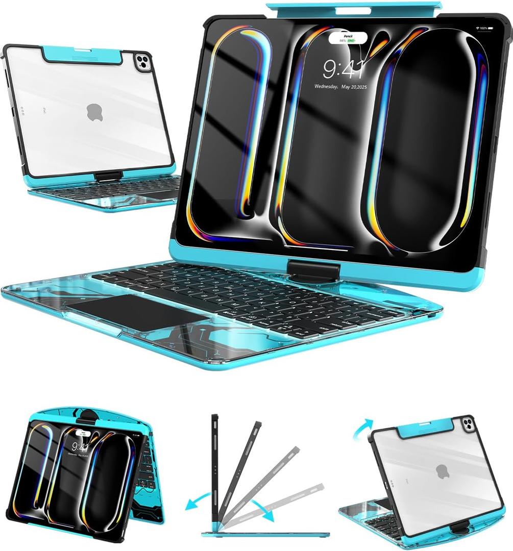 Wireless Keyboard Case for iPad Pro 13" (M5/M4, 2025/2024), Transparent Protective Cover with 7-Color Backlit Keyboard, 360 Rotating Stand, Multi-Touch Trackpad and Pencil Holder, Blue