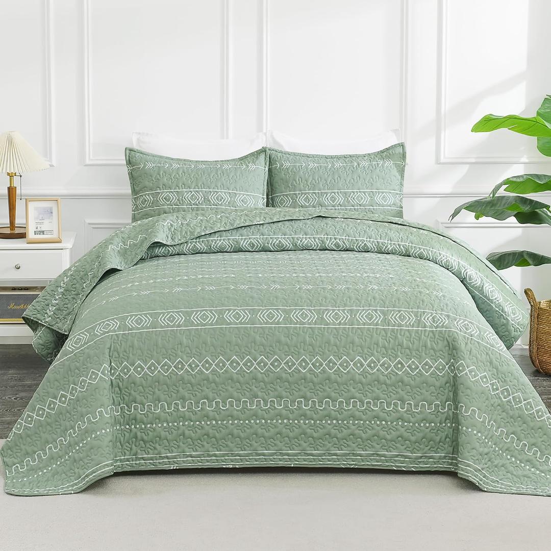 Andency Sage Green Quilts Queen Size, 3 Pieces Queen Quilt Bedding Set Boho Lightweight Soft Striped Bedspread for All Season (90"x96"), Printed Bohemian Polyester Reversible Coverlet Comoforter Sets