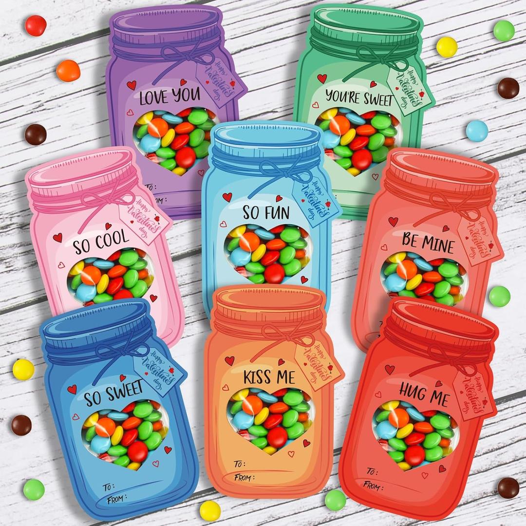 40 Pack Valentines Day Cards for Kids, Colorful Jars Happy Valentines Cards for Kids, Unique Valentines Gifts for Boys & Girls, Funny Valentines Exchange Cards Gift School Classroom Prize Party Favors