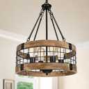 4-Light Rustic Chandelier for Entryway, Round Farmhouse Light Fixtures for Dining Room, Industrial Drum Hanging Pendant Lighting for Kitchen Island, Nature Wood Texture and Black Metal Finish