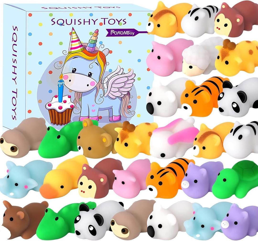 POKONBOY 30 Pcs Squishies Mochi Toys, Mini Kawaii Squishy Forest Animals Squeeze Stress Relief Toys Easter Basket Stuffers Christmas Birthday for Kids