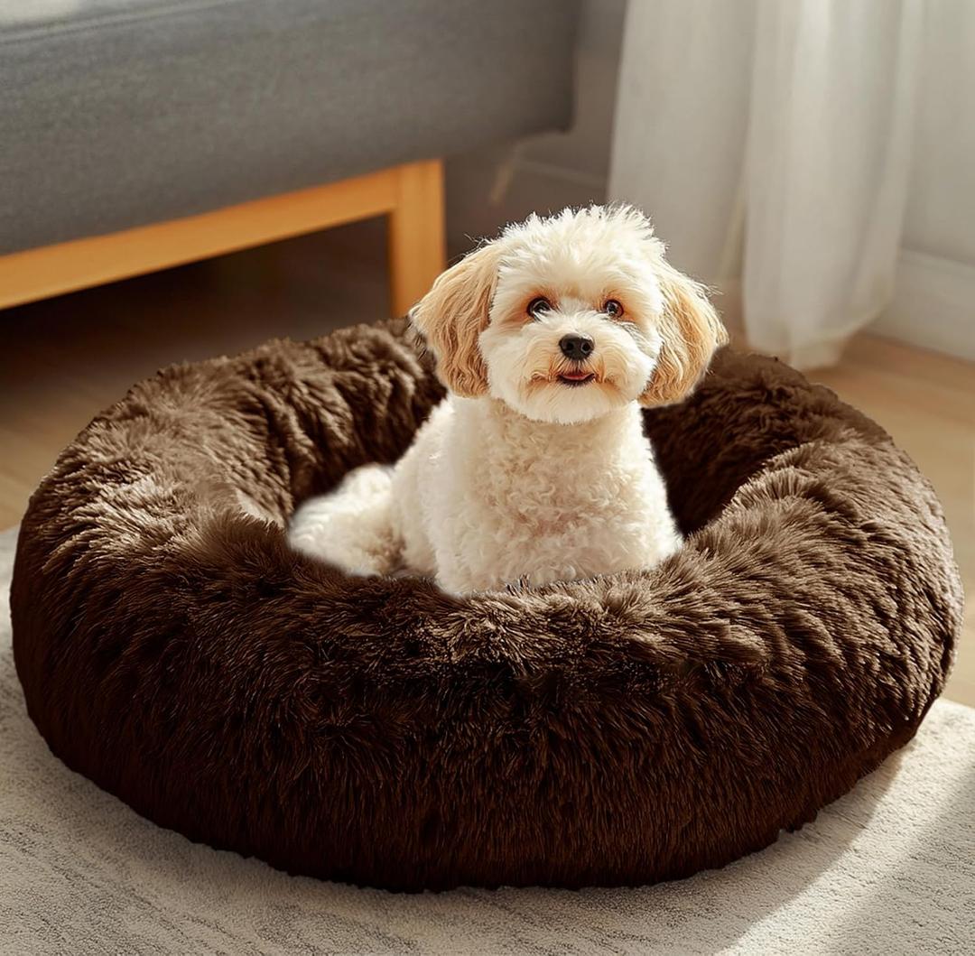 JOLLYVOGUE Dog & Cat Bed, Calming Anti-Anxiety Pet Bed for Small Dogs, Fluffy Donut Cushion for Small and Medium Pets (20") (Coffee)