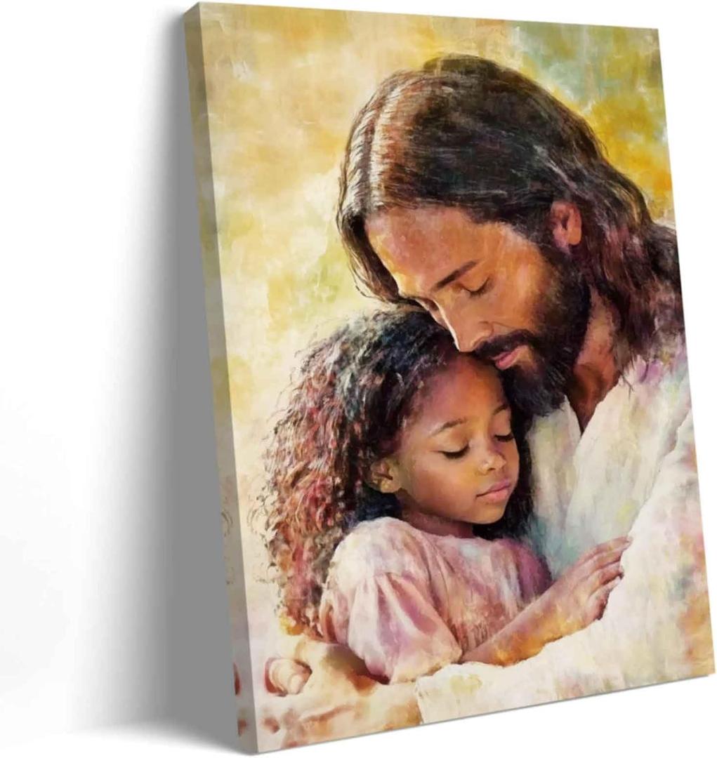 ZSHARTSWD Christian Wall Art Jesus Holding Black Little Girl Canvas Prints Religious Bible Story Pictures God Painting for Baby Girl Room Home Decor Framed (Yellow, 24L x 16W)