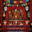 30 Pcs Dia De Los Muertos Decorations Set Altar De Ofrendas Marigold Garland Mexican Banners Serape Tablecloth Sugar Skull Hanging Swirl Monarch Butterfly for Day of The Dead Decor(Red)