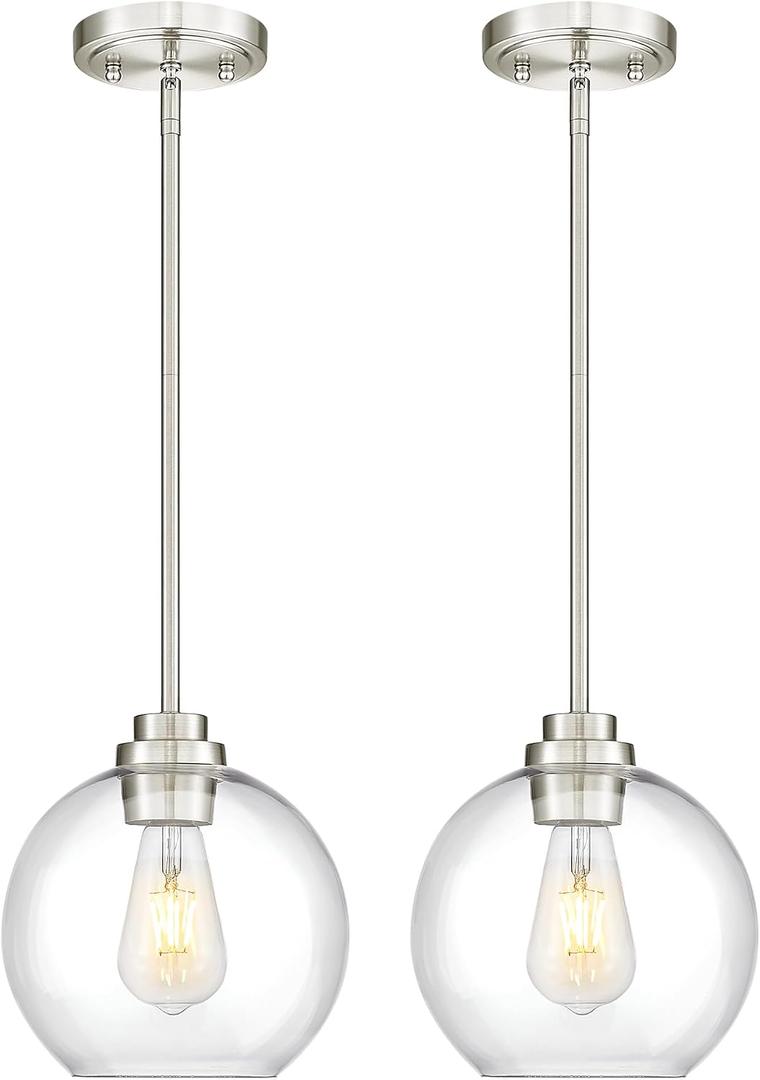 2 Pack Pendant Lights Kitchen Island, 8" Brushed Nickel Pendant Light Fixtures with Globe Clear Glass Shade, Modern Kitchen Island Lighting for Bathroom, AD-22280-2PL-SN