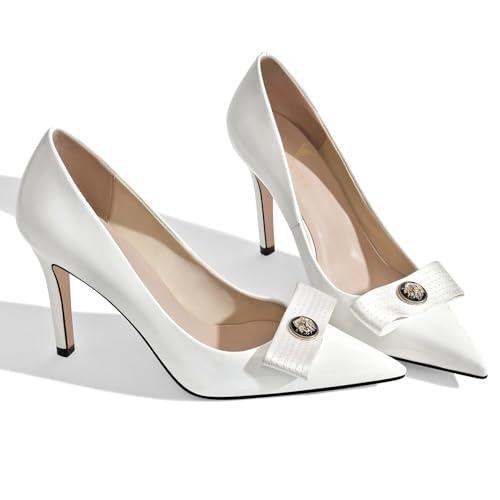 LOCERICH Women's High Heels Pumps Closed Toe Bow Heels Pointed Toe Stiletto Dress Shoes for Women Party Work Wedding Shoes for Bride, 9, White