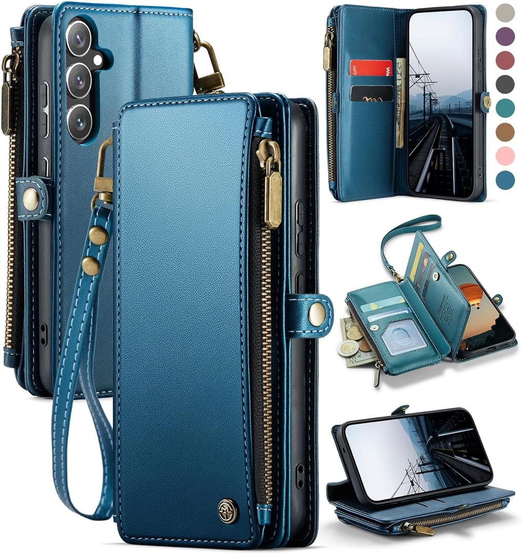 Defencase for Galaxy S25 Case Wallet with RFID Blocking Card Holder for Women Men, Elegant PU Leather Magnetic Snap Flip Wristlet Strap Zipper Wallet Phone Cases for Samsung Galaxy S25 5G 6.2", Blue
