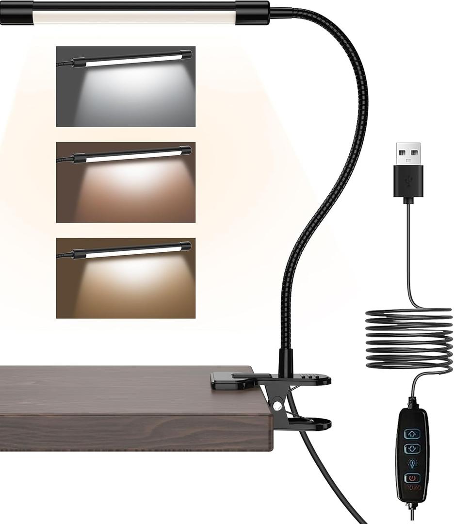 JHD LED Desk Lamp with Clamp - Adjustable 3 Color Modes 10 Brightness Level Table Lamp, USB Eye Caring Flexible Gooseneck Desk Light for Home Office, Dorm Room, Reading, Nail, Clip On Light, Black