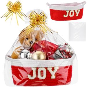 Qinyoung 1 Set Christmas Gift Basket Empty Small Woven Rope Basket with Gift Wrapping Bag Ribbon 12" x 8" x 5" Storage Organizer with Handle for Christmas Home Decoration
