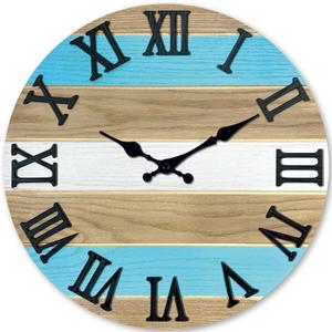 Blue Solid Wood Wall Clock for Living Room Farmhouse Wall Clocks Battery Operated 12 Inch Round Wall Clock Silent