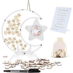 Baby Shower Guest Book, Moon and Stars Baby Shower Book, Rustic Wooden Guest Book Baby Shower with Photo Frame, Baby Shower Guest Book Alternatives for Birthday Party Wedding Supplies (White)
