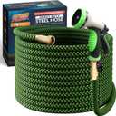 PowerFlow Garden Hose, NON-EXPANDABLE 75 Feet Premium Quality Stainless Steel Metal Water Hose with Durable Fabric Skin, Hose For Commercial, Residential Use, Bonus 10-way Spray Nozzle (75 Ft, Green)