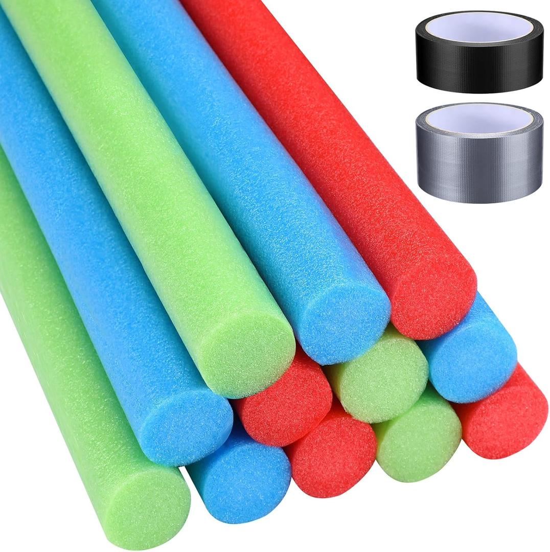 12 Pcs Pool Swim Noodles with Tapes, 1.5 x 30 Inch DIY Foam Light Swords Toys, Bright Jumbo Swimming for Pools (Green, Blue, Red)