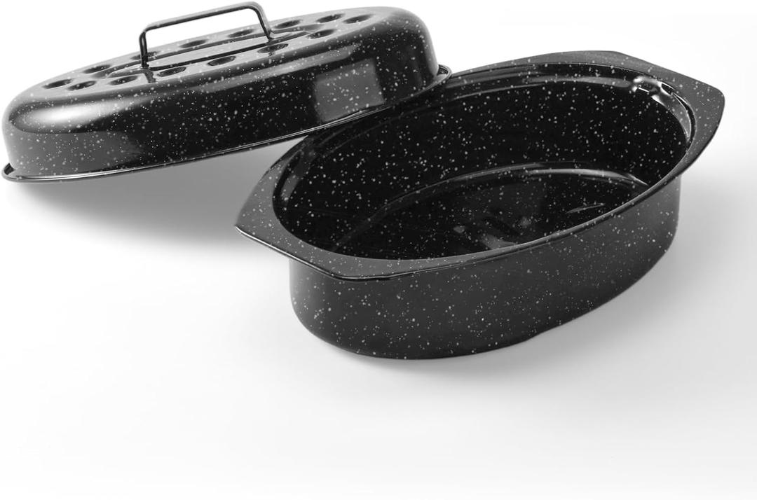 13" Roasting Pans for Ovens Porcelain Enameled Steel Oval Roaster Pan with Domed Lid for Small Turkey, Chicken, Vegetable, Lamb, Sourdough Bread (Black-13 Inch)