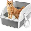 Stainless Steel High Sides Cat Litter Box with Scoop, Open Top Litter Pan for Indoor Cats, Easy to Clean, Reduced Litter Scatter, Medium