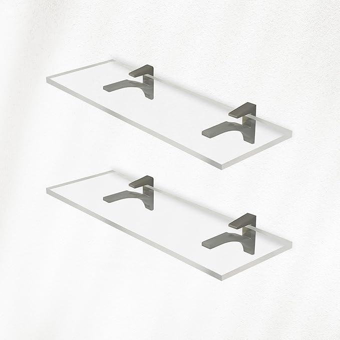 Clear Acrylic Shelves 11.5 inches, 3/4" Thick Transparent Wall Mounted Floating Shelves for Bedroom, Living Room, Bathroom, Kitchen With Screws and Brushed Nickel Finish Brackets, Pack of 4