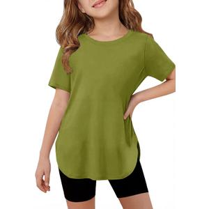 CharmWM Girls Short Sleeve T Shirts Kids Summer Crewneck Curved Hem Tunic Tops Basic Tee (Green)