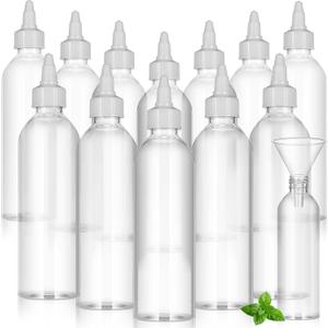 Barydat 12 Pcs Applicator Bottles for Hair, Squeeze Hair Oil Applicator Bottle Refillable Empty Plastic Bottles, Twist on Top Cap with Open Close Nozzle and 2 Funnels (8 oz,Clear)