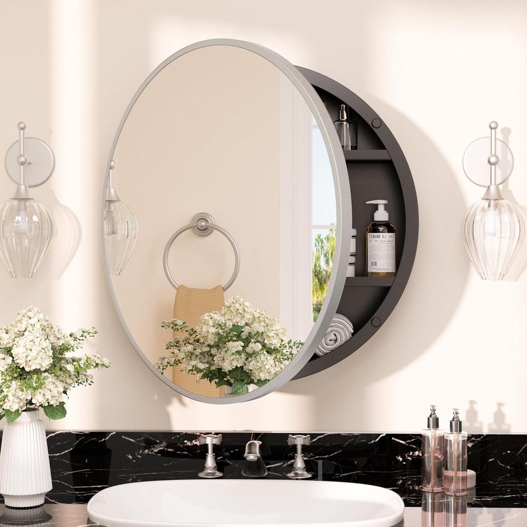 TETOTE 20 x 20 Inch Medicine Cabinet Mirror Matte Silver Gray Framed Round Mirrored Medicine Cabinets for Bathroom Adjustable Shelves Modern Bathroom Mirror with Storage Wall Mounted