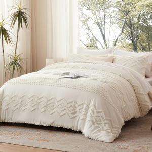 Luxudecor Boho Tufted Comforter Set King Size 3 Pieces Ivory White Shabby Chic Comforter Farmhouse Embroidery Bed Set Soft Comforter for All Seasons (Ivory White, 104''x90'')