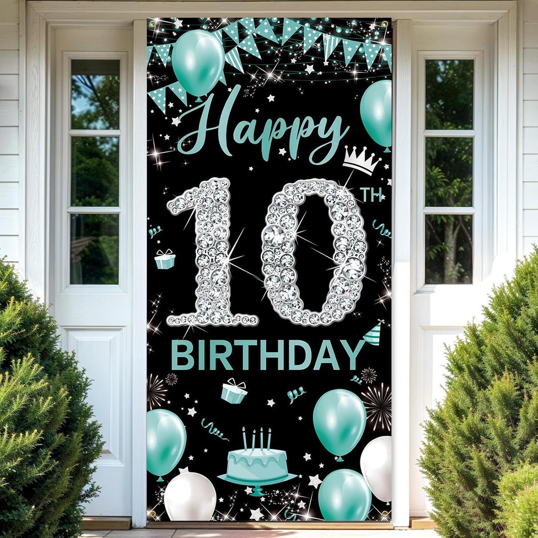 10th Birthday Banner Teal Blue Silver, Happy 10th Birthday Decoration for Girls, Fabric Turquoise 10 Year Old Birthday Party Yard Sign Photo Booth Props Door Backdrop Decor, Indoor Outdoor
