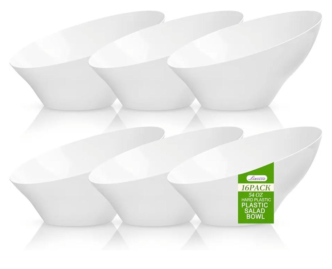 Liacere 16PCS White Plastic Serving Bowls - 54 OZ Angled Table Salad and Fruit Bowls - Disposable for Chip&Candy - Ideal for Party & Wedding & New Year
