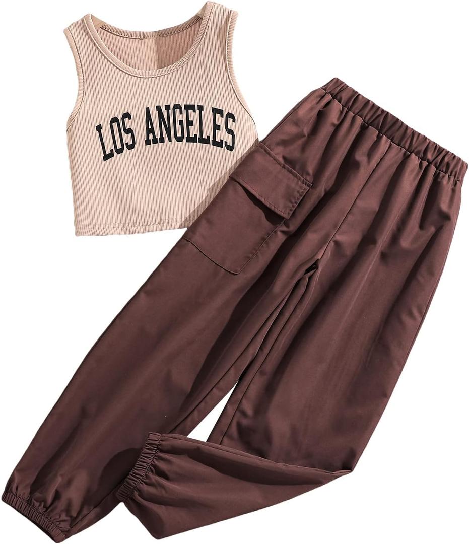 Floerns Girls 2 Piece Outfit Letter Print Rib Knit Crop Tank Top and Cargo Pants (Brown)