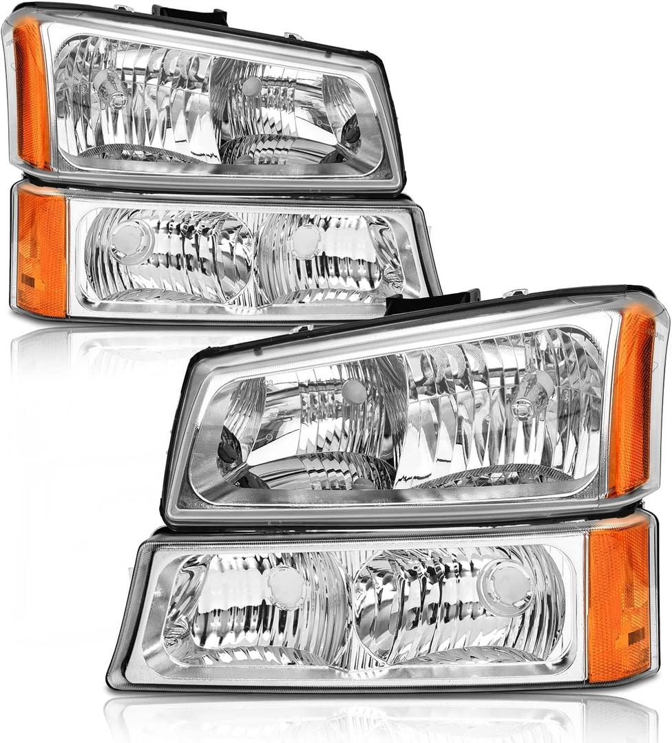 Headlights Assembly for 2003-2006 Chevy Silverado 1500/2500/3500 | 2003-2006 Avalanche 1500/2500 | 2007 Chevy Silverado Classic Chrome Housing Amber Reflector Replacement Pair