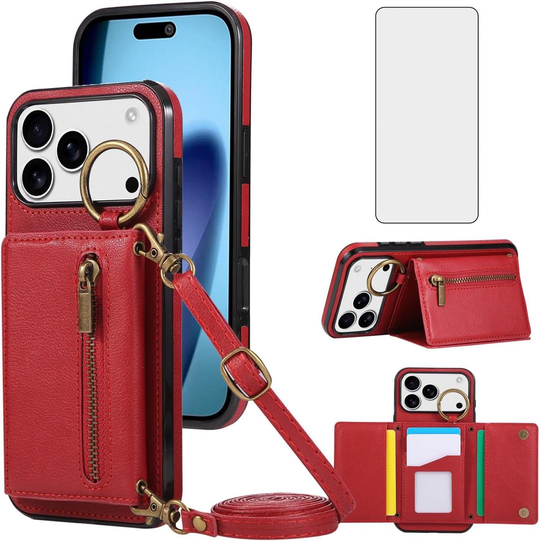 Phone Case Compatible with iPhone 17 Pro Max 6.9 inch 2025 Wallet Case Screen Protector Crossbody Shoulder Strap Ring Buckle Stand Card Holder for i Phone17 17Pro i17 ProMax 17ProMax Women Red