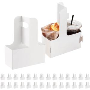 2 Cup Drink Carrier with Handles, 30 Sets White Cardboard Cup Carriers of 12-20 oz to Go Coffee Cup Holder, for Mother' s Day Hot and Cold Drink Holder and Restaurant Food Service Delivery