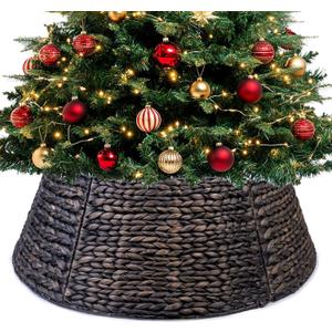 CLAYNIX Tree Collar - Large to Small Christmas Tree, 28" Christmas Tree Ring Adjustable Water Hyacinth Skirt, Christmas Tree Skirt for Decoration, Base Protection from Pets (Black)