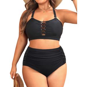 Daci Women Plus Size Two Piece Swimsuit - High Waisted Bikini Tummy Control Bathing Suit Bandeau Swimwear (X-Large, Black)