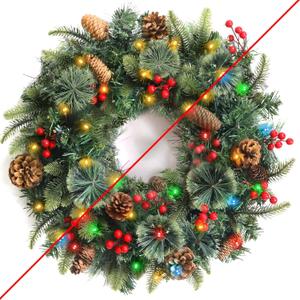 24 Inch Lighted Christmas Wreaths for Front Door, Christmas Wreath Outdoor with Pinecones Berried 50 Warm White & Multicolor Lights 8 Modes Timer Norfolk Pine Wreath Xmas Wreaths for Home Wall Window